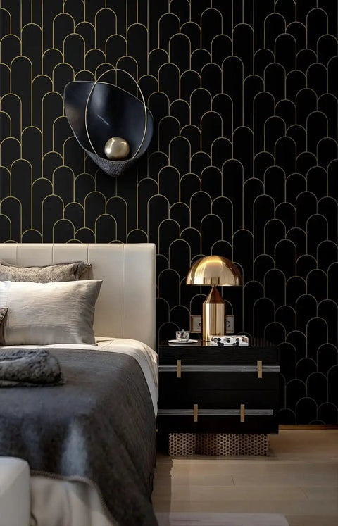 Black And Gold Dope Geometric Peel And Stick Wallpaper For Bedroom Modern Removable Self Adhesive Wall Covering Waterproof Vinyl 17.3 By 118.7 Inches Decorative Peel And Stick Vinyl For Walls Durable Finish Easy Install in modern bedroom setting.