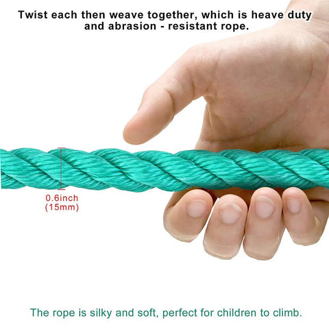 Close-up of hand holding 15mm thick rope for Outdoor Climbing Cargo Net For Kids With No Knot Nylon Rope 139 Inch Long By 30 Inch Wide Usable Length 108 Inches Rugged Rust Proof Hardware Easy Mount Playground Ladder Net For Treehouse Swing Set Backyard Playset Kid Friendly