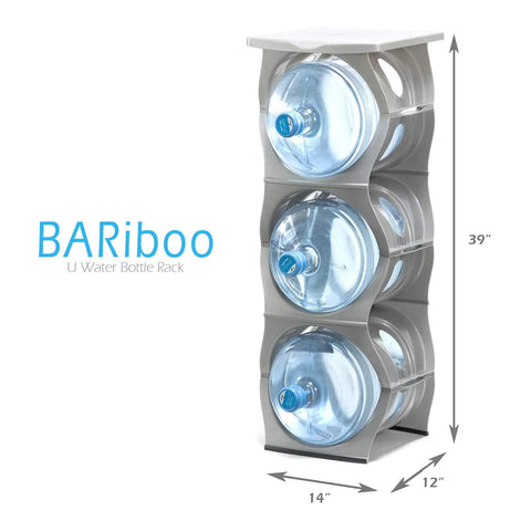 Stackable Water Bottle Storage Rack For 3 And 5 Gallon Jugs Built Tough Jug Holder For Kitchen Cabinet And Office Organizing Made From Reinforced Polypropylene Black Three Plus Shelf, front view with dimensions