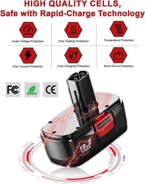 Beefed-Up 3.6Ah Ni-MH Replacement Battery for 19.2V Cordless Tools with safety features and certifications shown