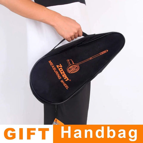 Zozen 6-Inch Measuring Wheel in Feet and Inches, Extended Telescopic Handle stored in a black carrying case with logo.