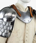 Heavy Duty Badass Medieval Iron Gorget And Spaulders Armor Set worn on mannequin with detailed steel scales and leather straps.