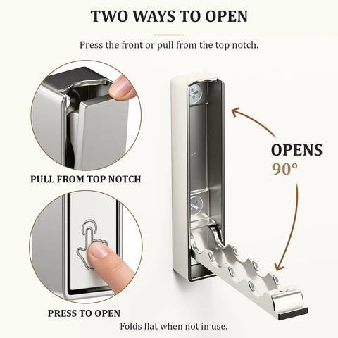 Top Shelf Fold Down Wall Hooks For Heavy Jackets And Keys Set Of Four Brushed Silver Zinc Alloy Rack showing opening mechanism and operation.