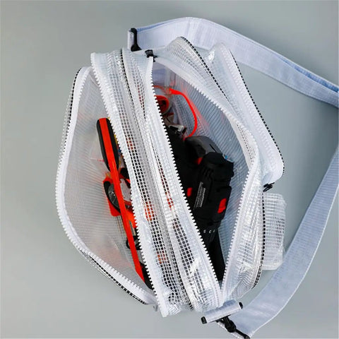 Killer Protective Clear Crossbody Tool Bag For Cleanroom Engineers Featuring Sick Storage And Secure Computer Carrying With Smooth Adjustable Straps That Are Zero Hassle, revealing tools inside.