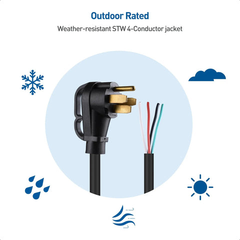 Replacement 50 Amp RV Power Cord With Four Prong, 25 Ft, 6/8 AWG Pigtail, weather-resistant STW jacket, for outdoor use