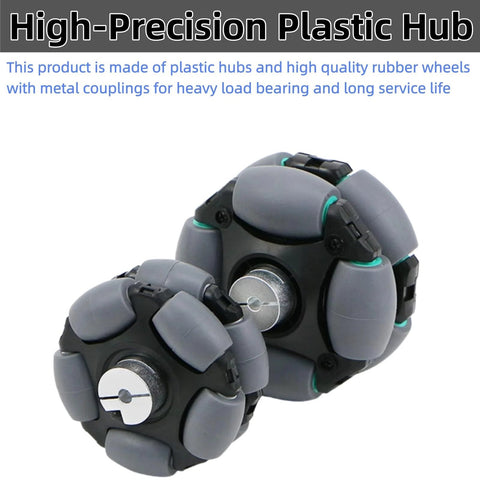 Omni wheels pair in gray with rubber rollers for omnidirectional robot movement (front view)