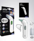 Digital Ear Thermometer For Kids And Adults With Backlit LCD Display, Color Coded Fever Alerts, Beep Indicator, Fast Readings, Gentle In Ear Sensor, Easy To Read Results For Every Age. Box and accessories shown