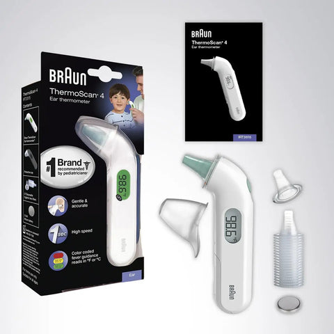 Digital Ear Thermometer For Kids And Adults With Backlit LCD Display, Color Coded Fever Alerts, Beep Indicator, Fast Readings, Gentle In Ear Sensor, Easy To Read Results For Every Age. Box and accessories shown
