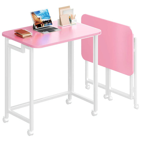 Mobile Folding Laptop Cart On Wheels For Small Spaces 23.6 Inch Rolling Computer Desk In Pink And White Portable Office Desk