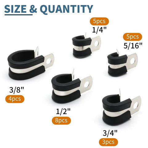 Stainless Steel Cable Clamps Kit 25 Pack With Rubber Cushioned Pipe Clips for various sizes from 1/4 to 3/4 inch.