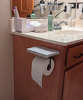 Rustic Wood Toilet Paper Holder With Shelf Easy Mount Wall Mounted Tissue Roll Holder With Black Metal Accents in bathroom