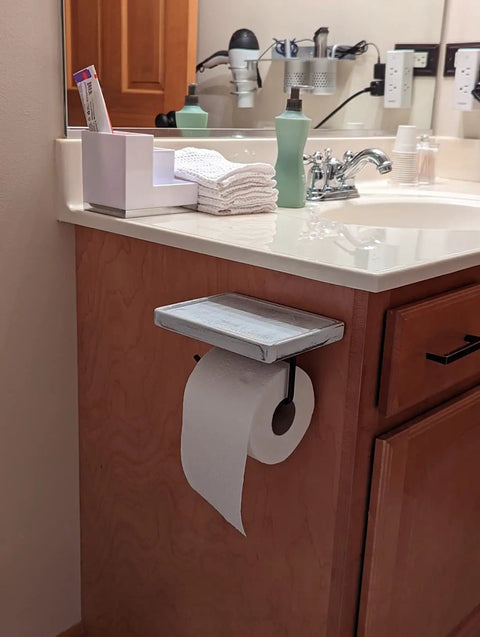 Rustic Wood Toilet Paper Holder With Shelf Easy Mount Wall Mounted Tissue Roll Holder With Black Metal Accents in bathroom