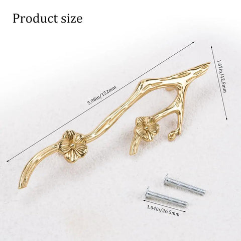 Slick Twig Drawer Pulls In Polished Brass Plum Blossom Branch Handle For Cabinets And Dressers with screws, size shown