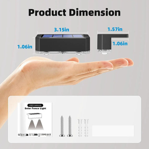 Solid Solar Fence Lights Outdoor Deck Waterproof Warm White Glow 8 Pack dimensions shown in hand with user manual and mounting screws.