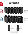Beefy Half Inch Drive Impact Socket Set With Double Deep Sockets And Bonus Flip Sockets, 29 Piece SAE and Metric on display