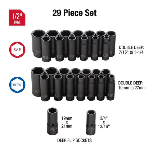 Beefy Half Inch Drive Impact Socket Set With Double Deep Sockets And Bonus Flip Sockets, 29 Piece SAE and Metric on display