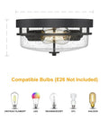 Rustic Seeded Glass Shade Black Flush Mount Ceiling Light 2 Light Fixture with bulb options shown below