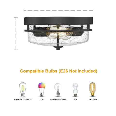 Rustic Seeded Glass Shade Black Flush Mount Ceiling Light 2 Light Fixture with bulb options shown below