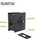 Privacy Sliding Door Lock With Pull In Matte Black Finish, Solid Brass Pocket Door Lock For 1-3/8 Inch Thick Doors, 2-3/4 By 2-1/2 Inch Mortise Size, Reversible For Right Or Left Handed Doors, Four Pack
