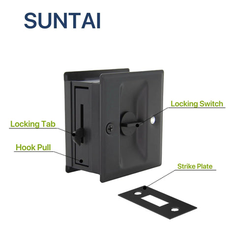 Privacy Sliding Door Lock With Pull For Pocket Doors In Matte Black No Nonsense Solid Brass Construction, Reversible For Right Or Left Handed Doors, Easy Grip Pocket Door Privacy Lock, 1 Pack.