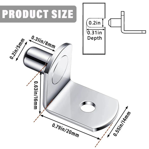 Product size diagram for Heavy Duty 5Mm L Shaped Shelf Pegs With Holes Smooth Nickel Cabinet Holders For Bookcases And Closets Built Like A Tank Adjustable Pins No Sweat Setup 50 Pack Silver Hardware.