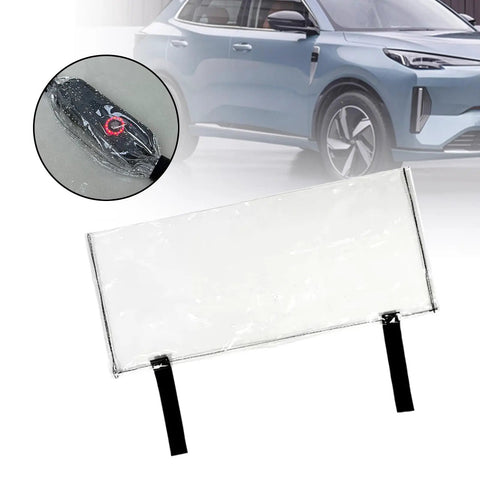 Hella Tough Clear Pvc Cover For Electric Vehicle Charger Box Rainproof Shield Outdoor Plug And Play Storm Guard Winter Kit Pack Of Two Heavy Duty Drip Proof Design, clear PVC cover with black straps.