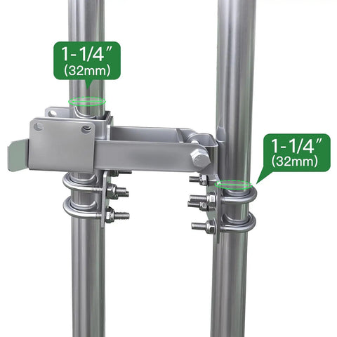Tough As Nails Double Gate Latch Fits 1-1/4 Inch Chain Link Posts With Heavy Duty Strong Arm And Lock Down Padlock Holes Ready For Ranch Farm Or Backyard Gates In Matte Black, showing mount detail.