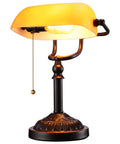 Amber Glass Bankers Desk Lamp With Retro Weighted Base And Old School Vibe, Antique Library Style Desk Light, Pull Chain, E26 Base, Matte Orange Vintage Desk Lamp