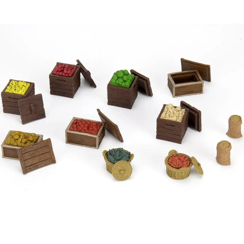Warlock Tiles Marketplace Accessory For Dungeons And Dragons And Tabletop RPGs With Dope Modular Market Stalls Produce A Detailed Translucent Water Fountain A Travel Size Cart For Cargo Or Escaping Adventurers And Crates To Stash Loot showing crates filled with colorful produce.