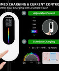 Plug And Play Level 2 EV Charger 40 Amp 240 Volt With WiFi App Control showing adjustable current settings and touchscreen.