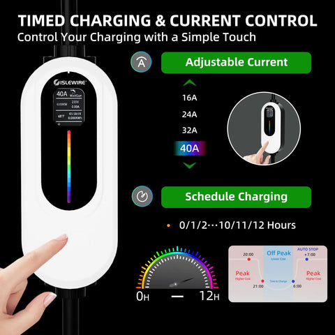 Plug And Play Level 2 EV Charger 40 Amp 240 Volt With WiFi App Control showing adjustable current settings and touchscreen.