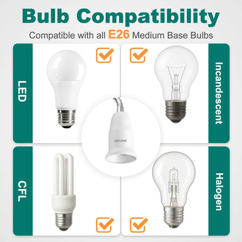 Flexible E26 Socket Extender 6.1 Inch All Directional Adjustable Adapter for different bulb compatibility