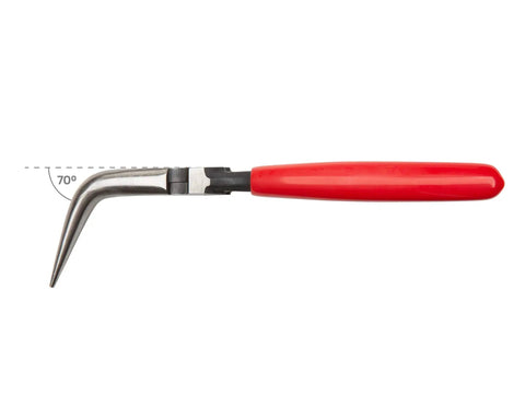 6 Inch 70 Degree Long Nose Pliers With Slim Bent Nose For Tight Obstructions, red handle, side view, bent metal tip