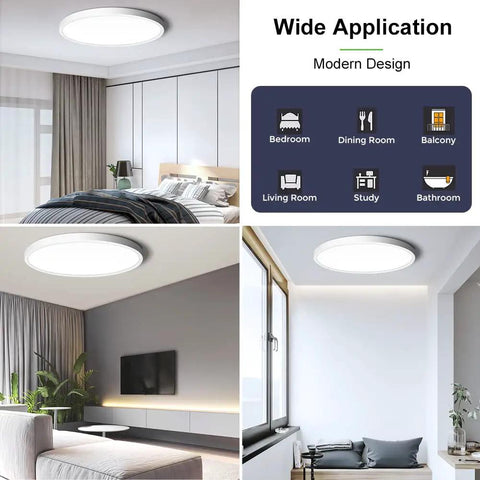 Ultra Slim 15.7 Inch LED Flush Mount Ceiling Light Fixture 5000K Daylight White 3800 Lumens 32W in modern room settings