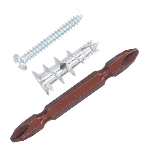Heavy Duty Wall Anchor Kit With Screws And Drill Bits Zinc Alloy Self Drilling Drywall Anchors For Drywall Plaster Hollow Doors And Mirrors Holds Up To 50 Lb Per Anchor No Pre Drill Installation Great For Shelves., zinc alloy anchor, screw, and drill bit on white background