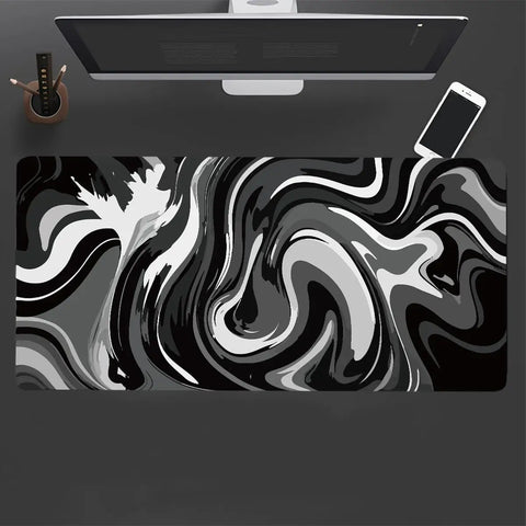 XL Gaming Mouse Pad With Stitched Edges, Black And White Desk Mat, Extra Large 31.5 By 15.8 Inches on desk, Ink Liquid Wave Design