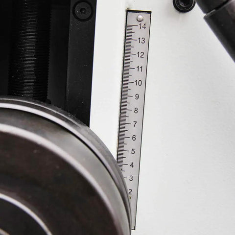Kaka Industrial Rbm-30HV Roll Bending Machine measurement gauge close-up, showing scale for precise bends in metal.