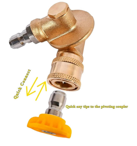 Side view of brass pressure washer pivoting 1/4-inch quick-connect coupler with yellow gutter-cleaner nozzle