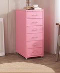 Pink mobile metal filing cabinet with lock and wheels for office use, vertical under desk storage drawer ideal for home office