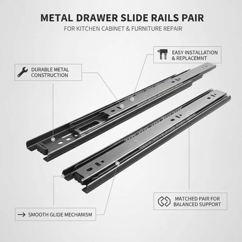 Stainless Steel Drawer Slides Pair With Black Finish, smooth glide for kitchen and furniture repair, durable metal rails visible