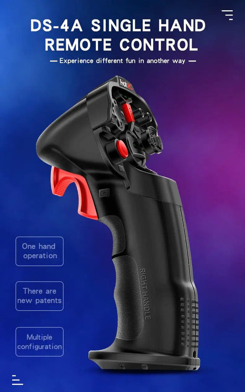 DS-4A 4 Channel 2.4G RC Radio Transmitter with single hand remote, ergonomic grip on purple background