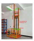 Heavy Duty Hydraulic Lift Platform For Smooth Freight Elevator Transport With Vertical Guide Rail System, displayed with dimensions.