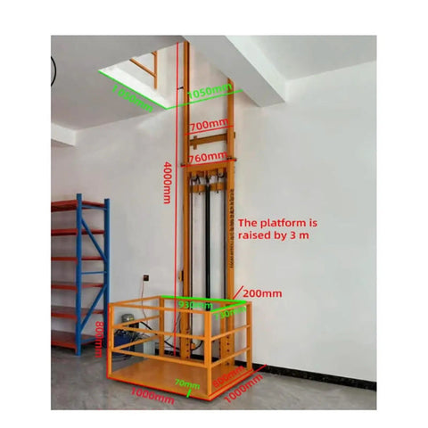 Heavy Duty Lift Platform With Guide Rail For Smooth Hydraulic Vertical Freight Elevator dimensions shown in warehouse setting.