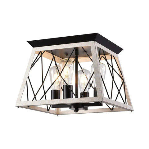 Rustic Farmhouse Pendant Light Fixture With Open Cage Design, Matte Black 4 Light Industrial Chandelier, square cage view