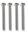 Four stainless steel threaded screws for woodworking projects on white background.