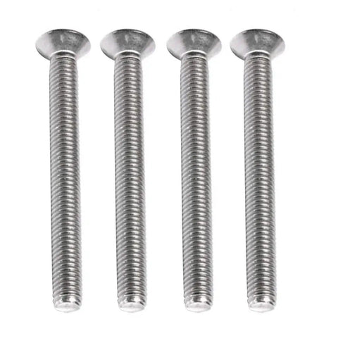 Four stainless steel threaded screws for woodworking projects on white background.