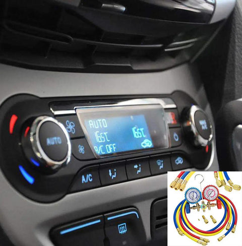 Pro Grade Refrigerant Charging Hoses With Diagnostic Manifold Gauge Set For R410A R22 R404 Refrigerants, Sixty Inch Color Coded Hoses In Red Yellow Blue With Two Quick Couplers, Durable High Pressure Easy To Use HVAC Tool Kit. HVAC gauge set shown in car climate control image