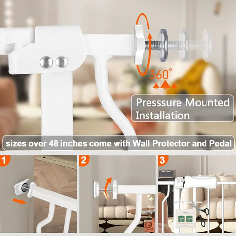 Extra Wide Baby Gate For 48 To 53 Inch Openings With Auto Close Convenience, showing pressure mounted installation details.