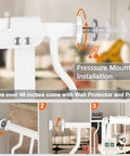 Close-up of white pressure mounted installation for extra wide baby gate for dogs and doorways, living room setup