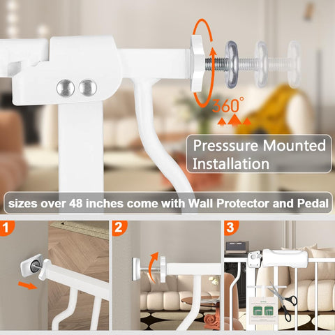 Installation of Extra Wide Baby Gate With Auto Close For Stairs And Doorways, Adjustable 53 To 57.5 Inch Wide, pressure mounted